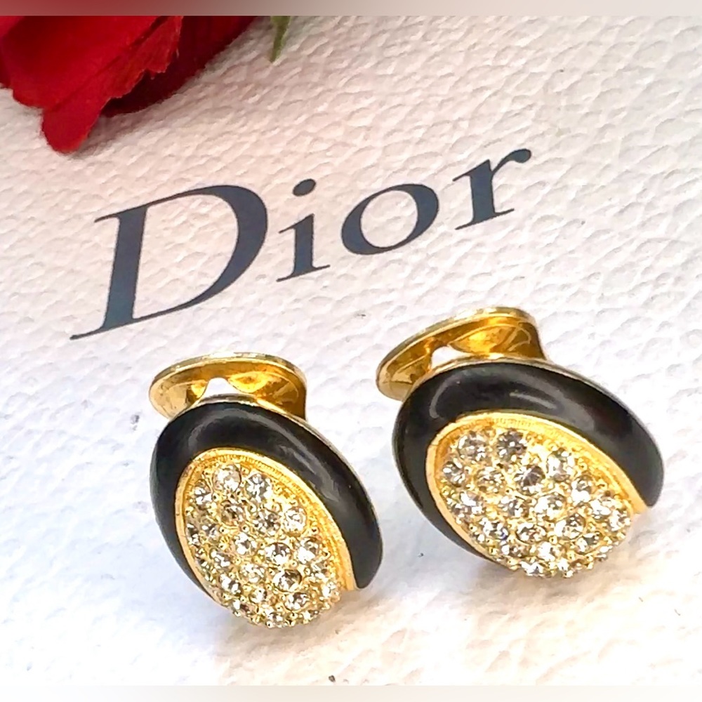 Christian Dior Vintage 1980s Oval Whole Crystals Black Gold Clip On Earrings